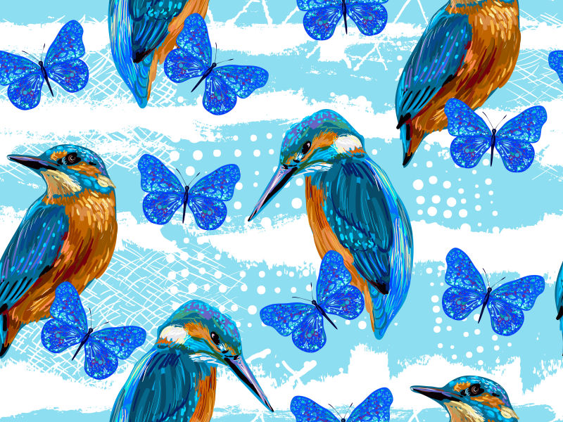 抽象矢量蓝鸟和蝴蝶元素装饰背景设计