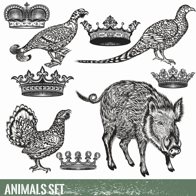 矢量手绘动物与皇冠