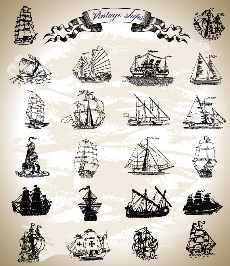 矢量手绘各式帆船