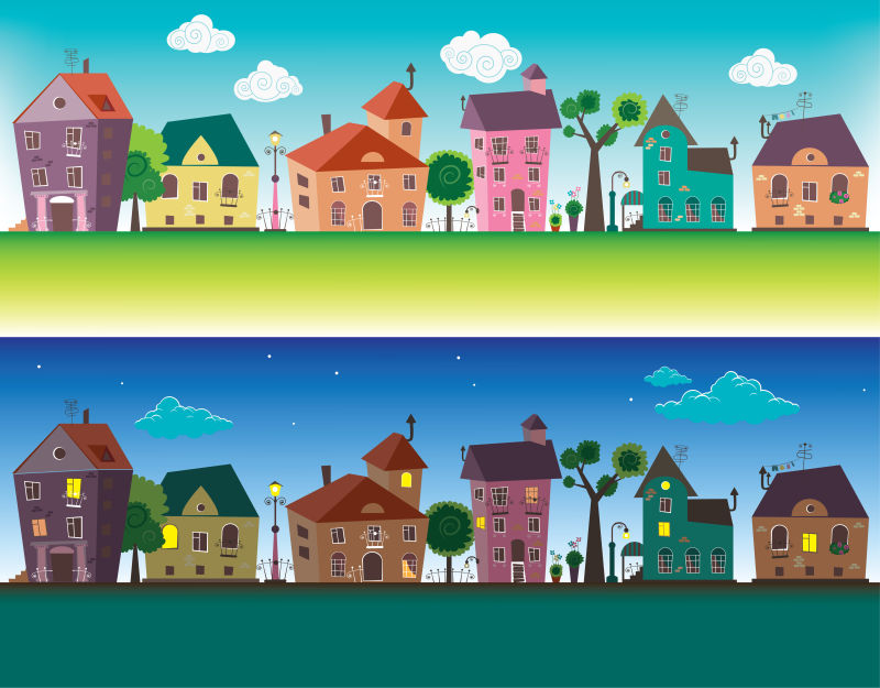 创意矢量现代城镇元素的卡通平面插图