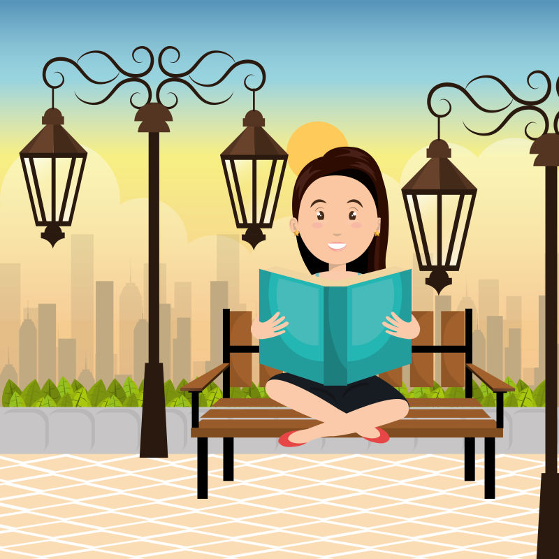 矢量坐在公园里蓝书的女性