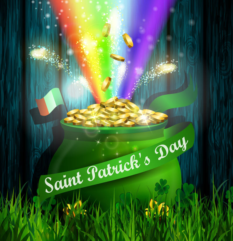 矢量金币和彩虹元素的圣帕特里克节主题海报设计