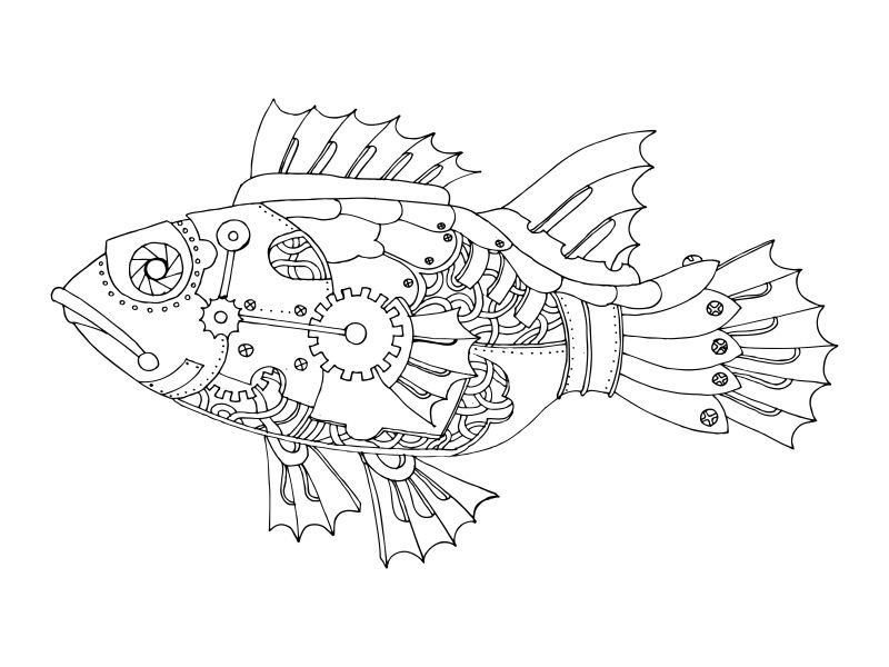 矢量机械鱼的线条填色插图