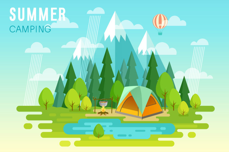 创意矢量现代夏令营露营主题的平面插图设计