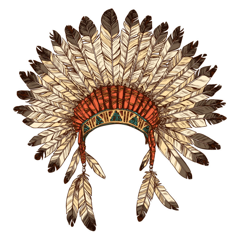 手工绘制的印第安印第安头饰-印度部落首领羽毛帽矢量彩色插图