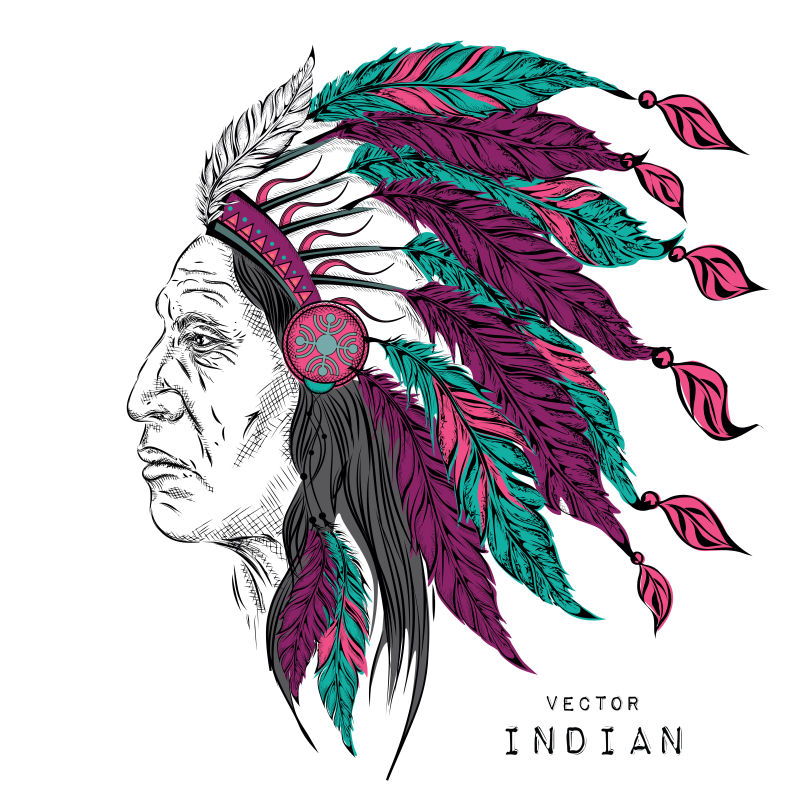 印第安人印第安酋长-黑蟑螂-鹰的羽毛头饰-手绘矢量插图