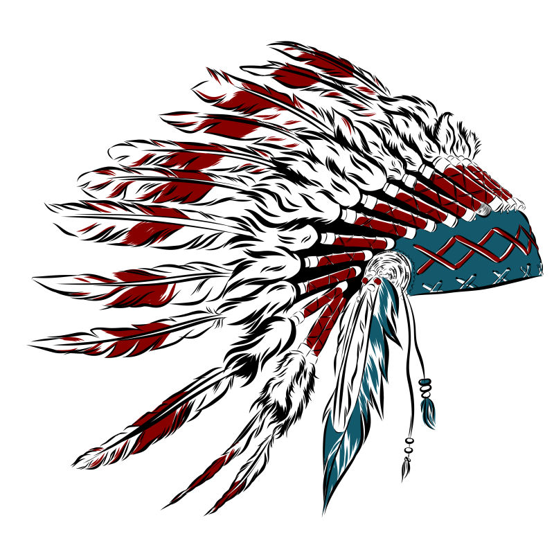 印第安印第安头饰羽毛为素描风格感恩节矢量插图