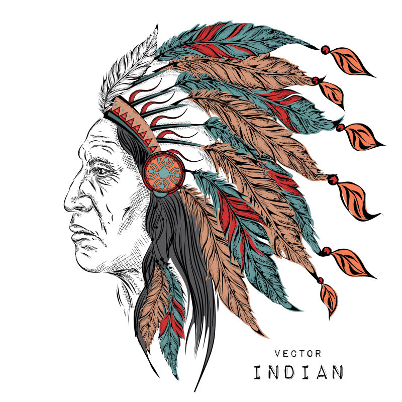 印第安人印第安酋长-黑蟑螂-鹰的羽毛头饰-手绘矢量插图