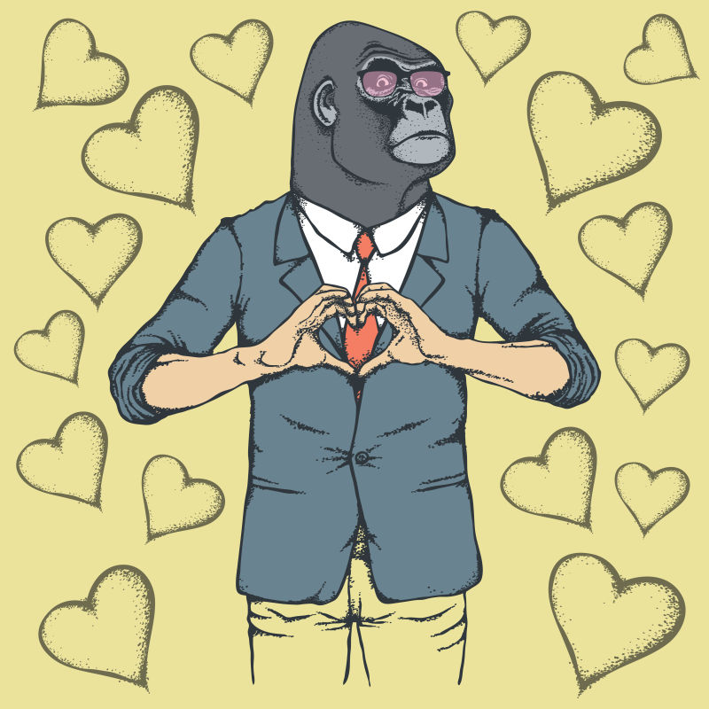 创意矢量做心形手势的黑猩猩插图