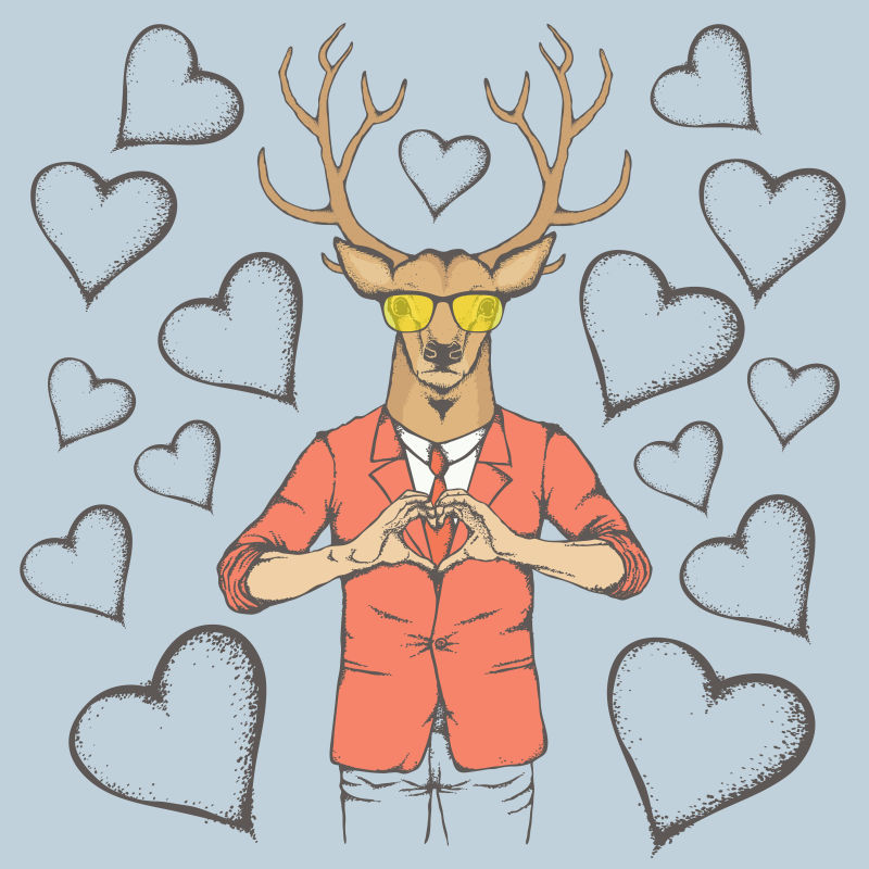 抽象矢量卡通做心形手势的公鹿插图