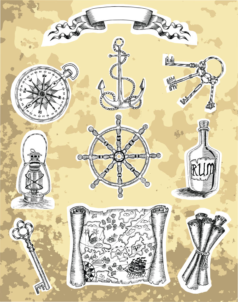 矢量手绘古老的海盗物品插图