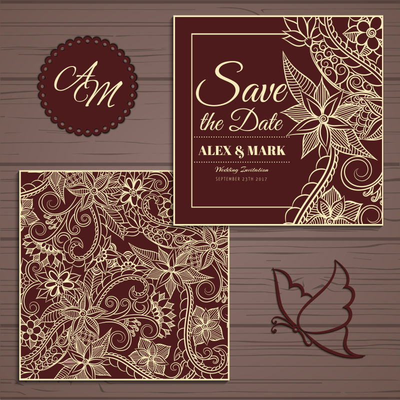 褐色花卉图案婚礼邀请卡矢量设计
