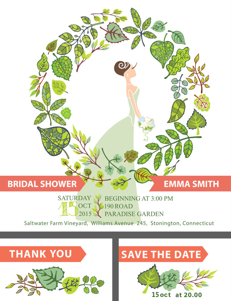 创意矢量绿色花卉装饰的婚礼请帖设计