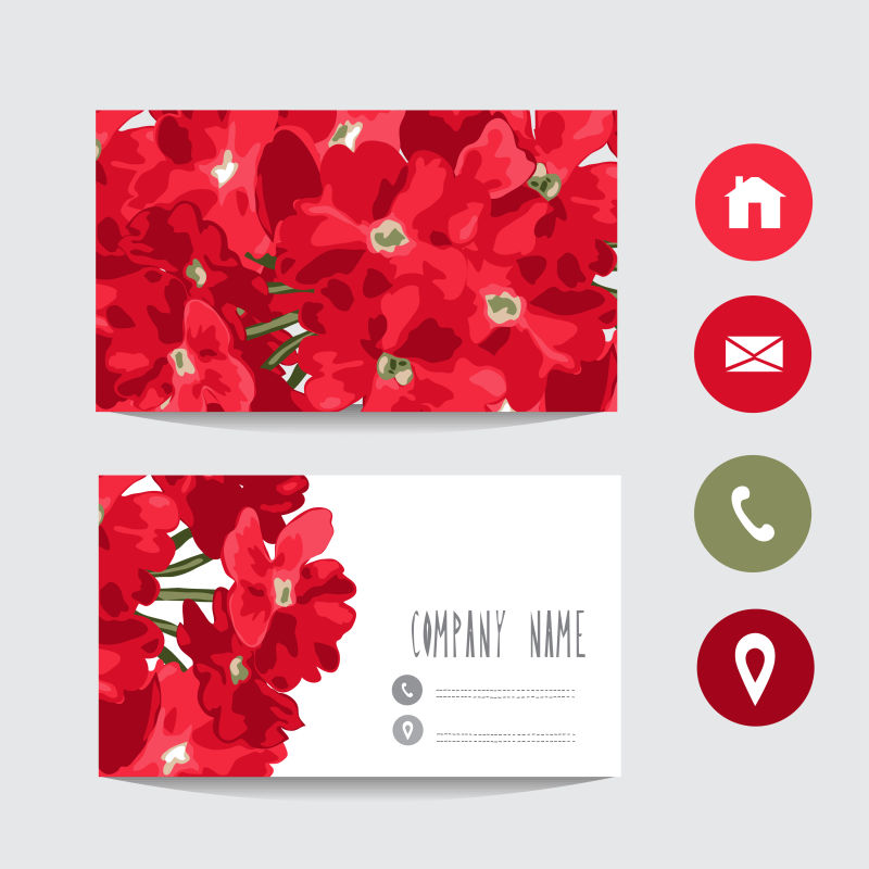 矢量红色花卉元素的名片设计