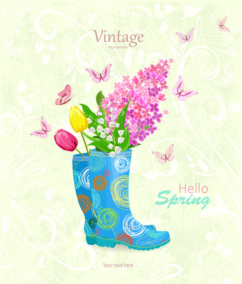 浅蓝色橡皮靴里的鲜花矢量插图