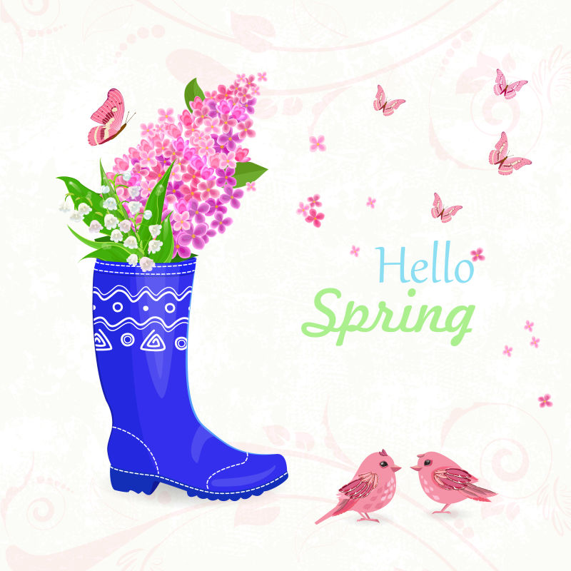 蓝色橡皮靴里的鲜花矢量插图
