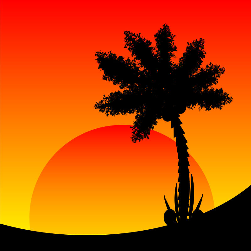 矢量夕阳下的棕榈树创意剪影插图