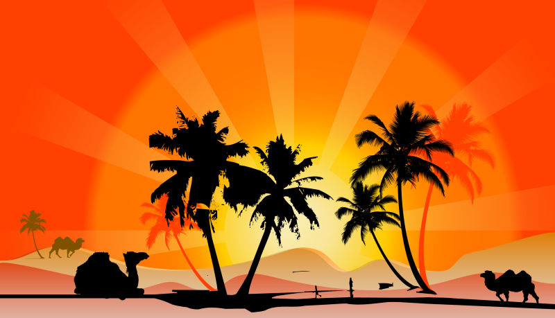 矢量夕阳下的热带草原剪影插图