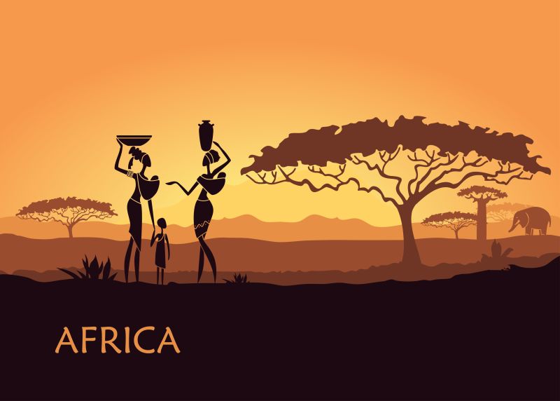 抽象矢量现代非洲草原上的女人剪影插图