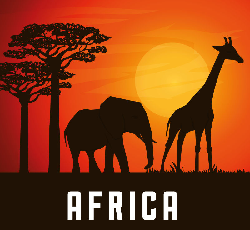 创意矢量现代非洲草原上的动物剪影插图