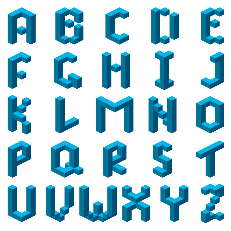 抽象矢量立体像素风格的蓝色字体设计