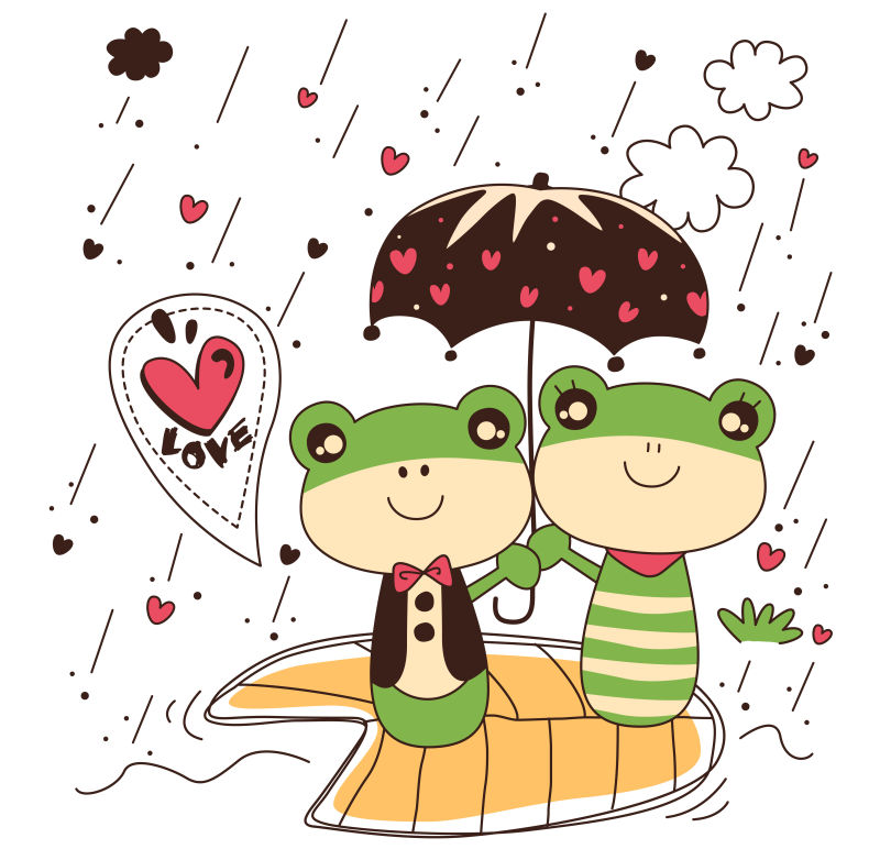 矢量打着雨伞的两只青蛙