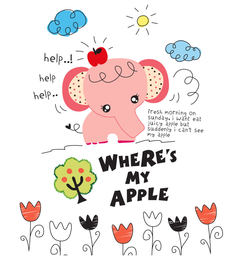 矢量粉色大象与苹果