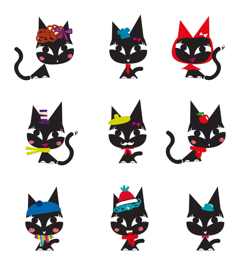 矢量不同装饰的黑色猫咪