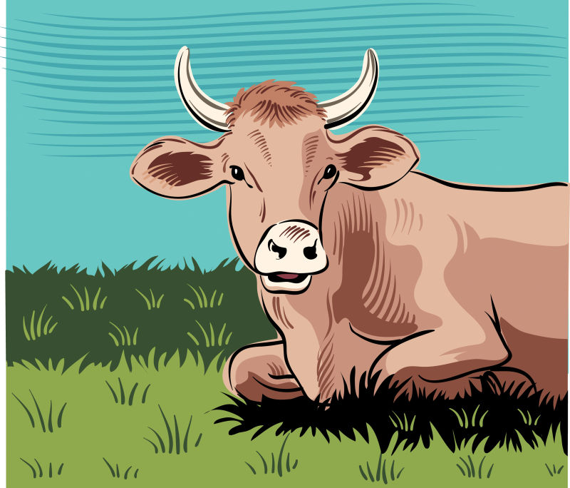 矢量创意卡通放牧的牛插图