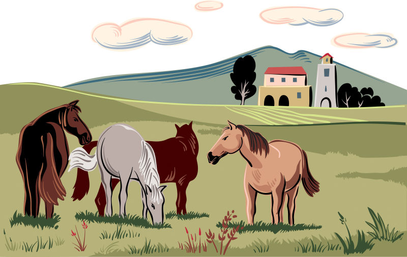 创意矢量卡通牧场中的马插图
