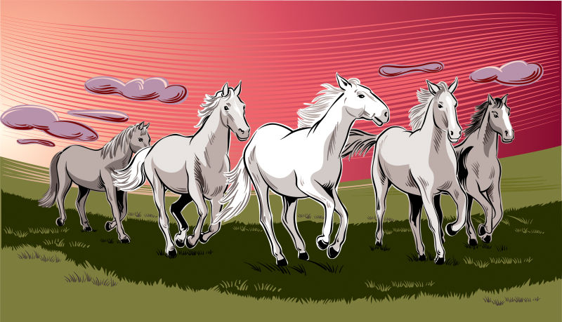 创意矢量现代农场中奔跑的马插图