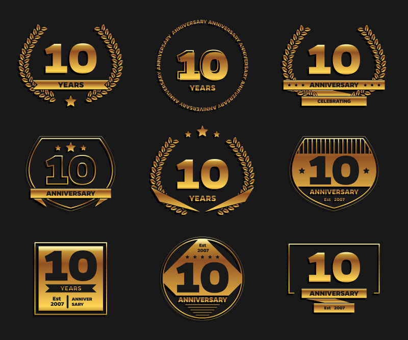 抽象矢量金色10周年纪念徽章设计
