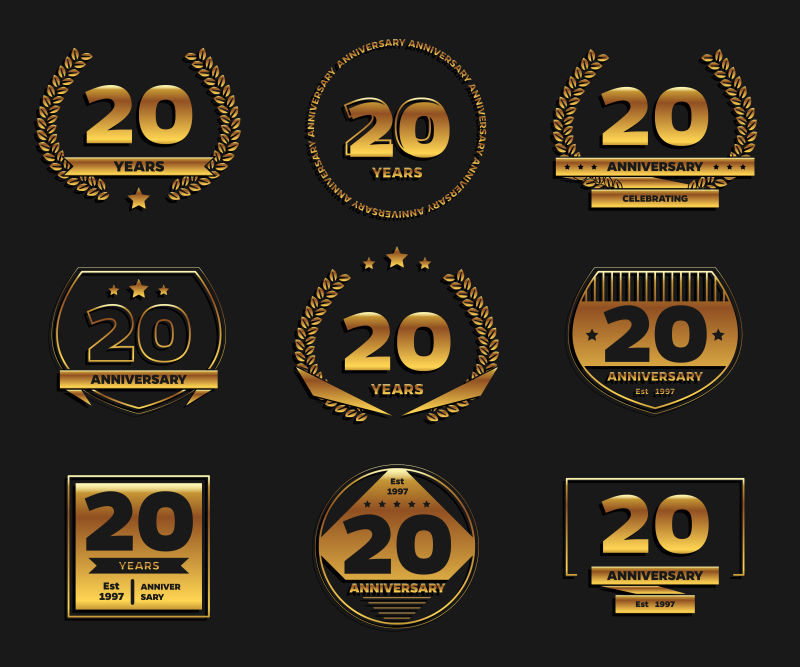 抽象矢量金色20周年纪念徽章设计