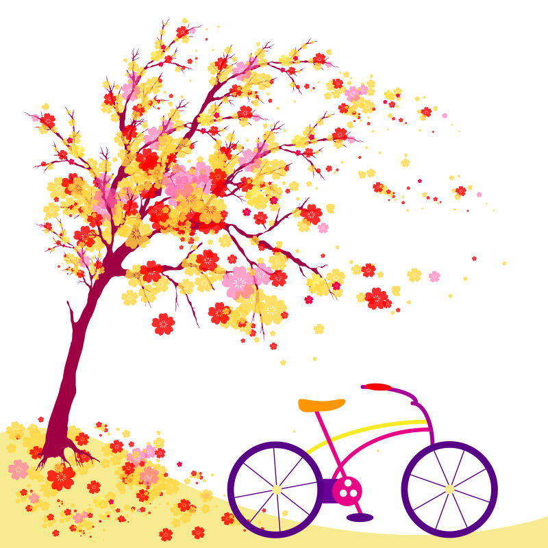 抽象矢量秋季树下的自行车插图