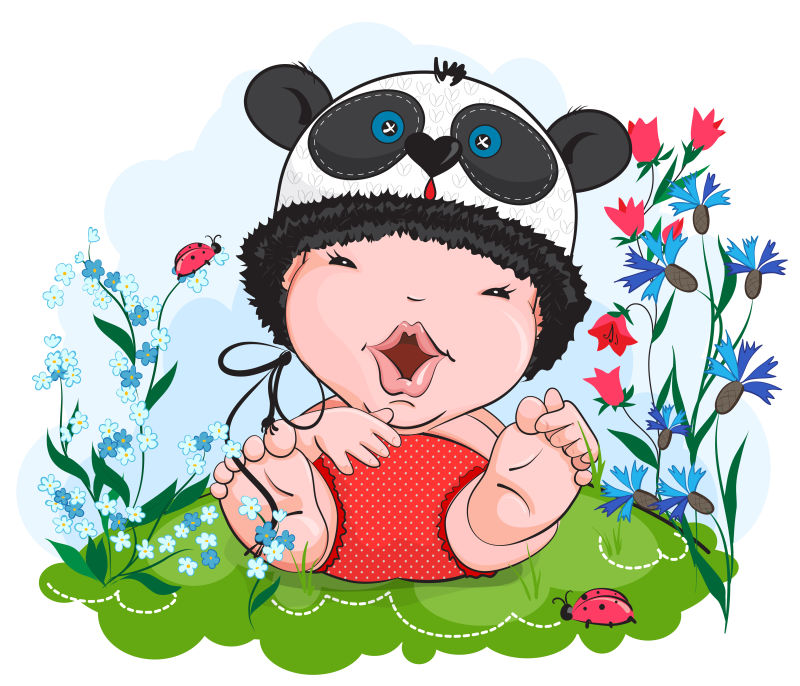 抽象矢量卡通戴熊猫帽子的婴儿插图