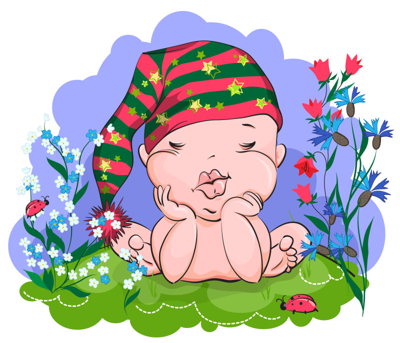 抽象戴彩色帽子的婴儿矢量卡通插图