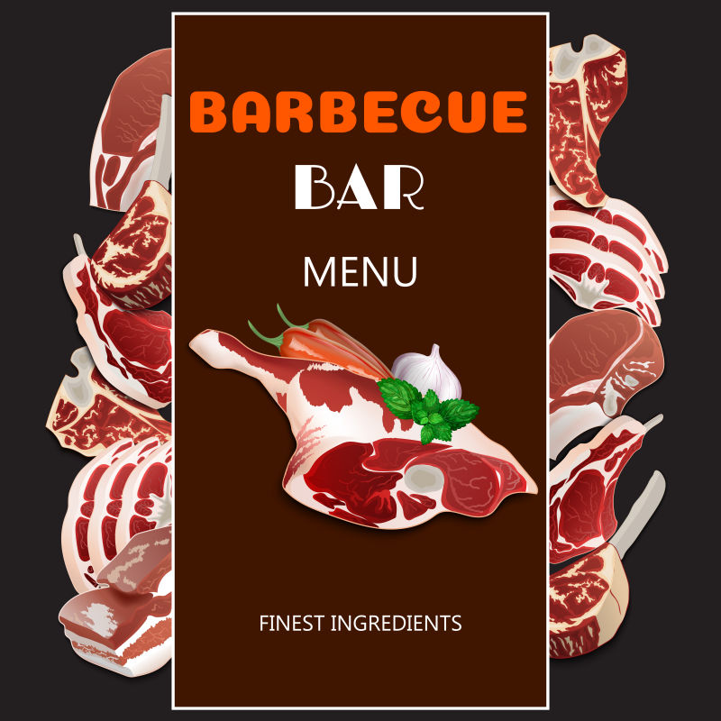 烧烤酒吧菜单海报烤牛排肉美味烧烤概念丰富多彩的设计矢量插图
