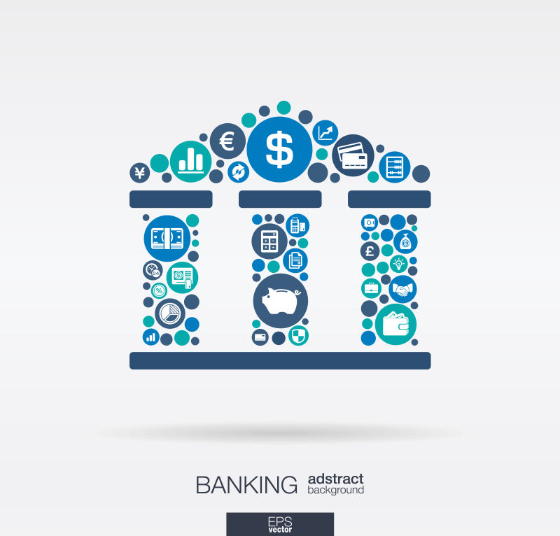 银行建筑形状银行货币信用卡商业和金融概念中的平面图标