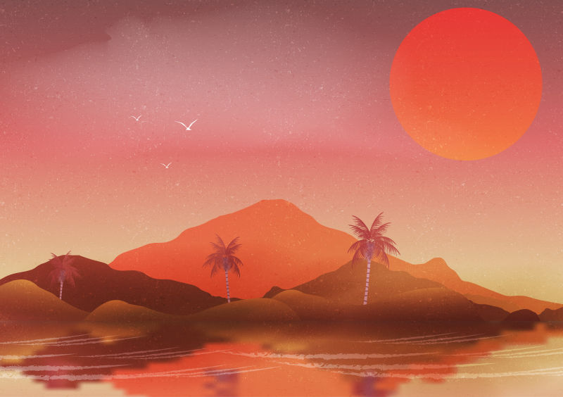 矢量日落时分的海岛插图