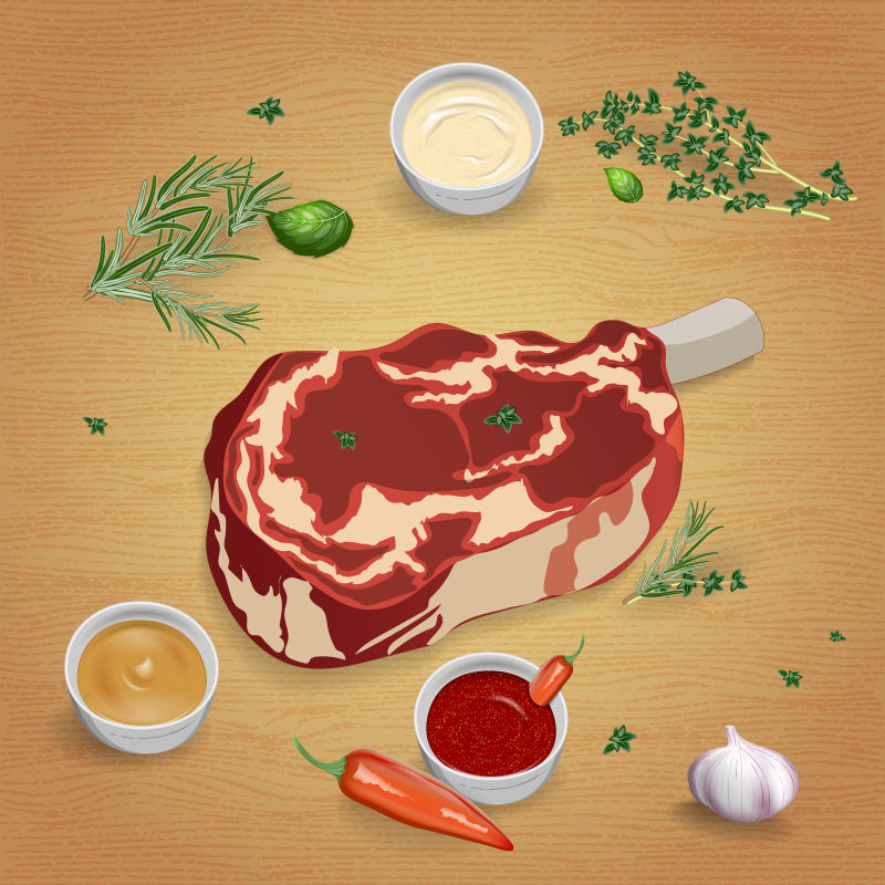 抽象矢量新鲜牛排和调味香料设计插图