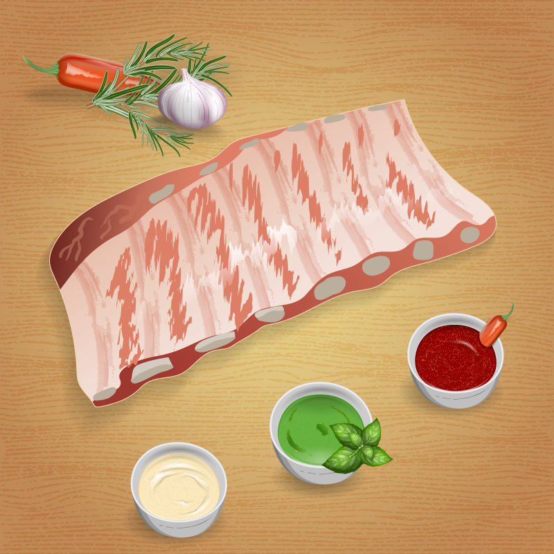 创意矢量现代猪肉配调味汁设计插图