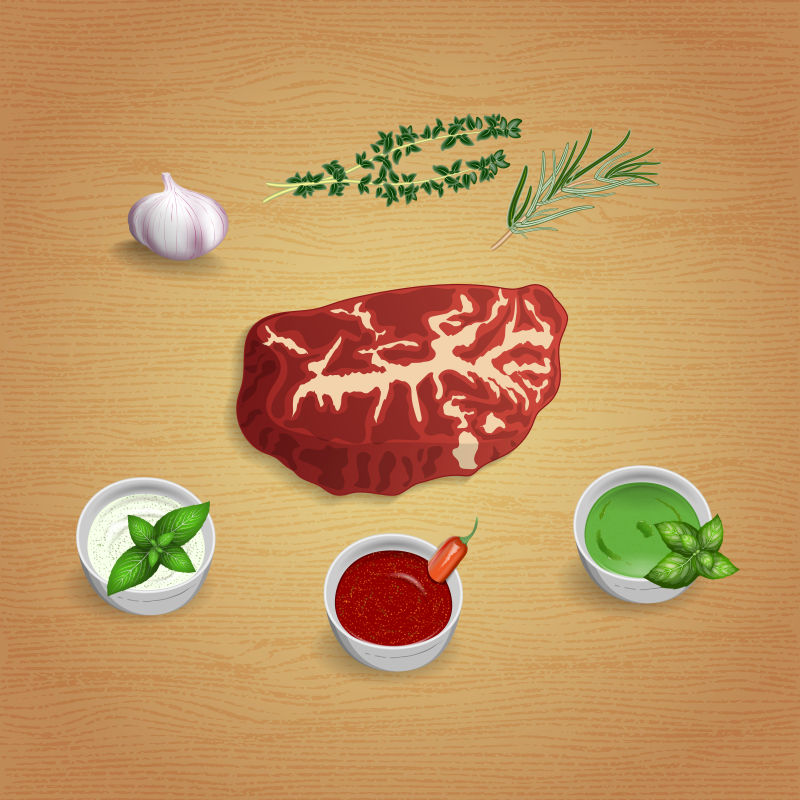 创意矢量现代牛肉排骨和调味品设计