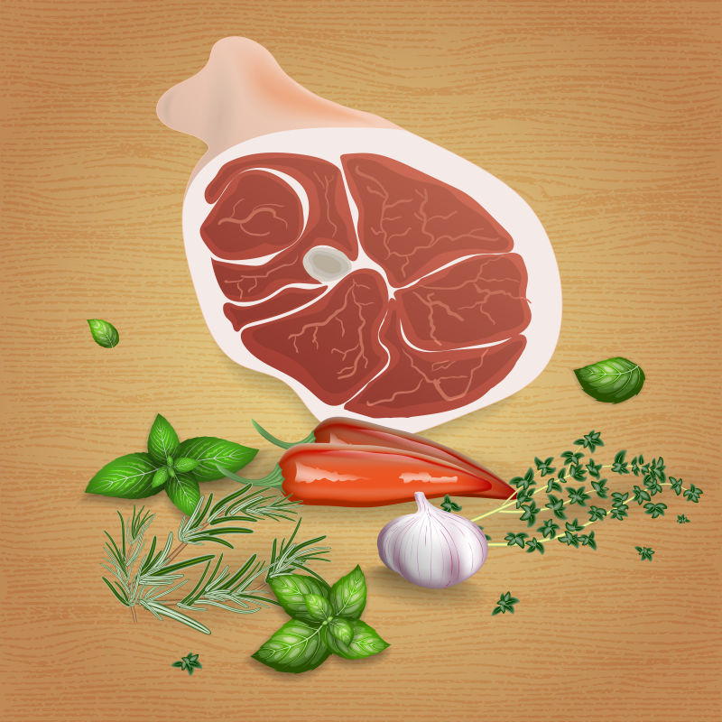 矢量新鲜美味生肉与调味品设计插图