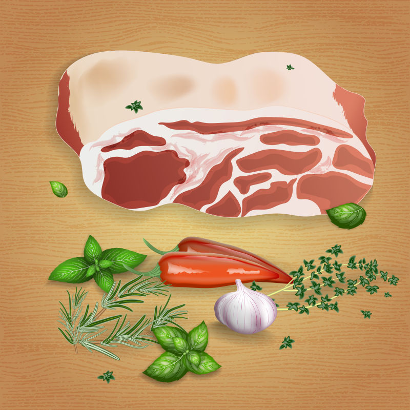 创意矢量新鲜猪肉和香料设计插图
