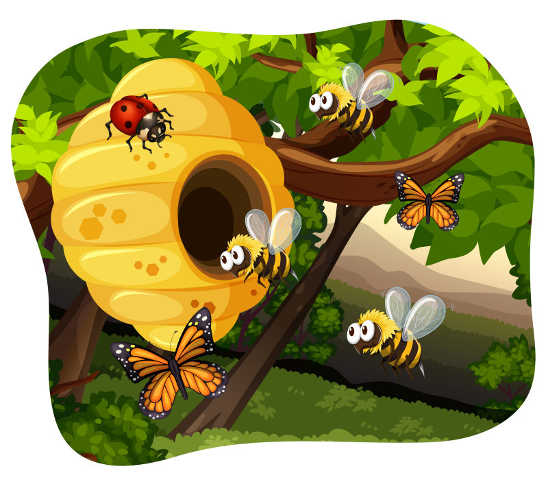 创意矢量现代树上的蜜蜂卡通插图