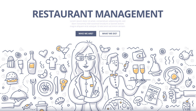 创意矢量餐厅管理主题的涂鸦设计插图