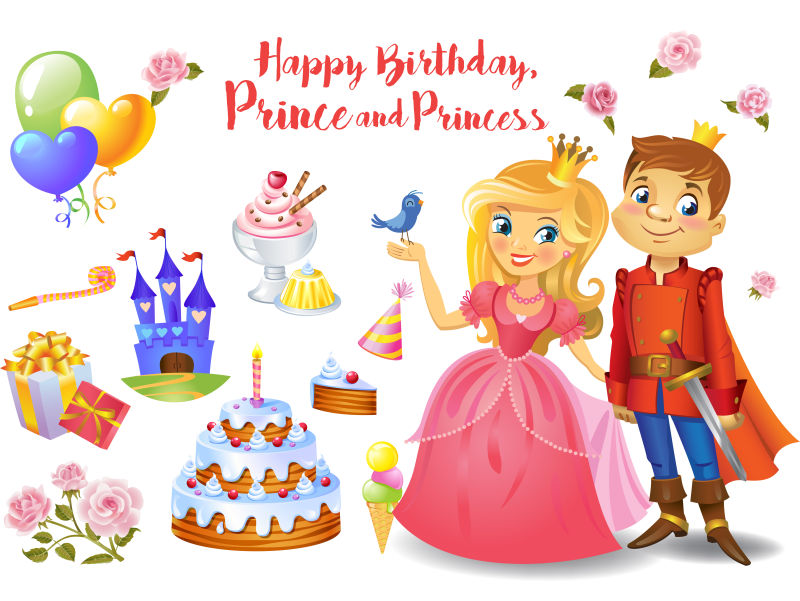 创意矢量过生日的公主和王子插图