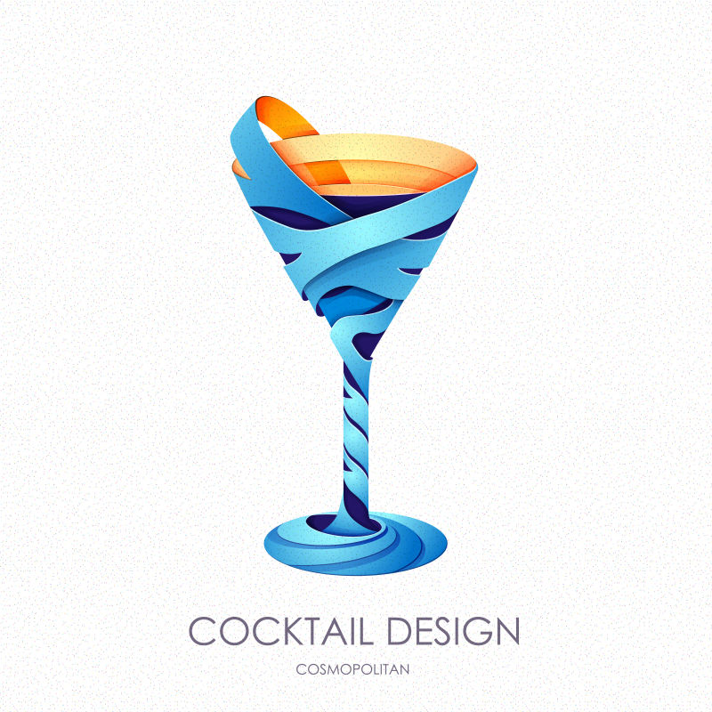 抽象矢量现代蓝色纸艺风格的鸡尾酒标志设计