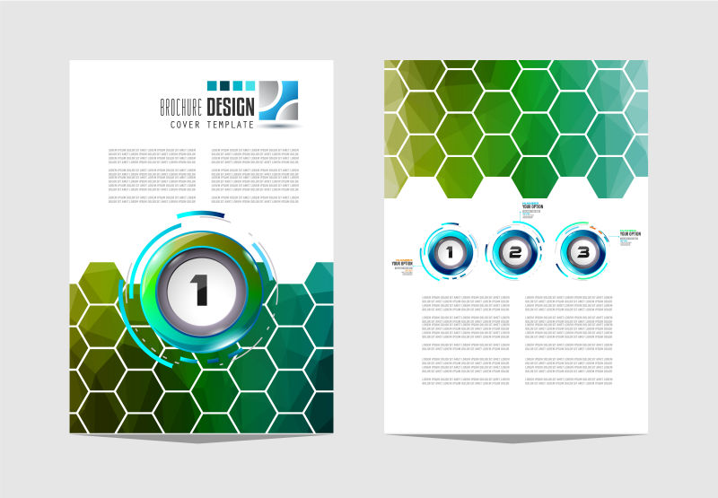 抽象矢量绿色六边形元素的平面宣传单设计