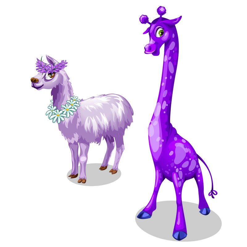 抽象矢量卡通紫色的长颈鹿和绵羊插图